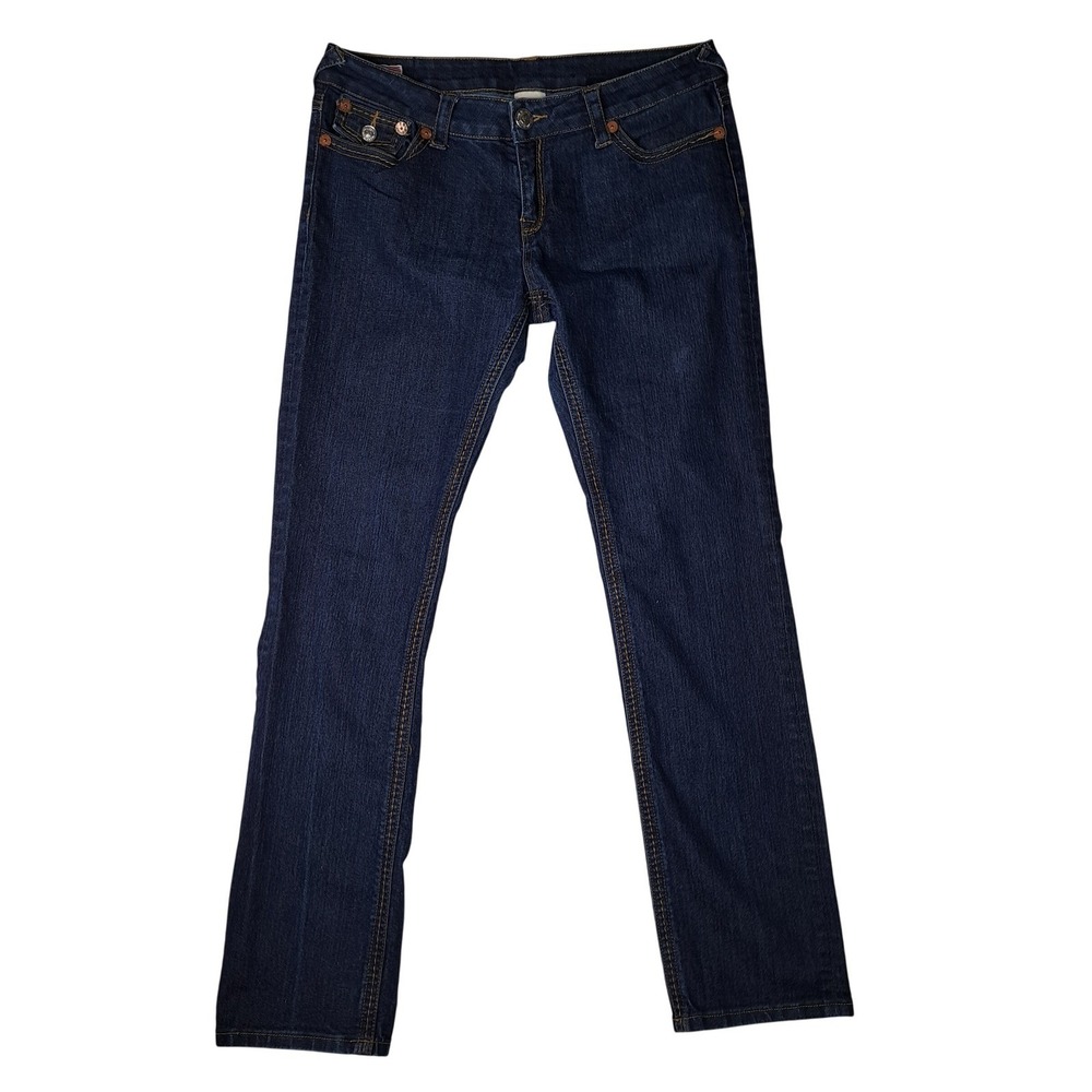 True Religion Becky Big QT Jeans Women 32 Blue Bootcut Contrast Stitch Dark Wash